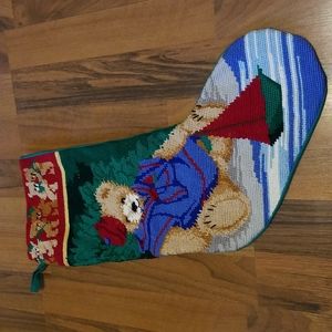 Christmas Holiday Stocking Finished Needlepoint Teddy Bear With Sailboat
